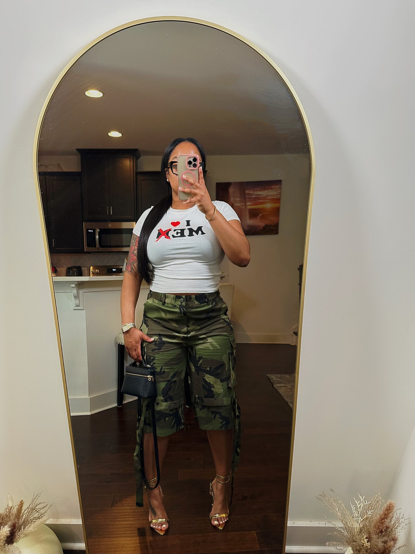 Camo Mami Drawstring Cargo Jorts– Army Green