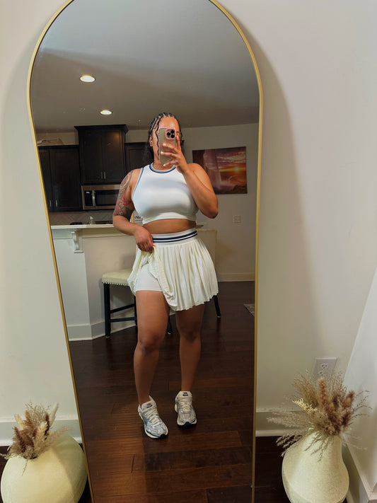 No Opponent Pleated Skirt Set – White & Navy Trim