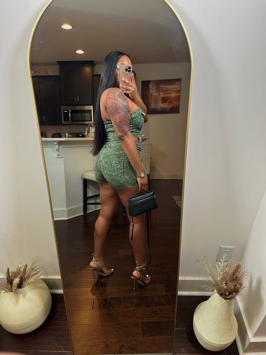 Edgy Acid Washed Green Strapless Cargo Romper