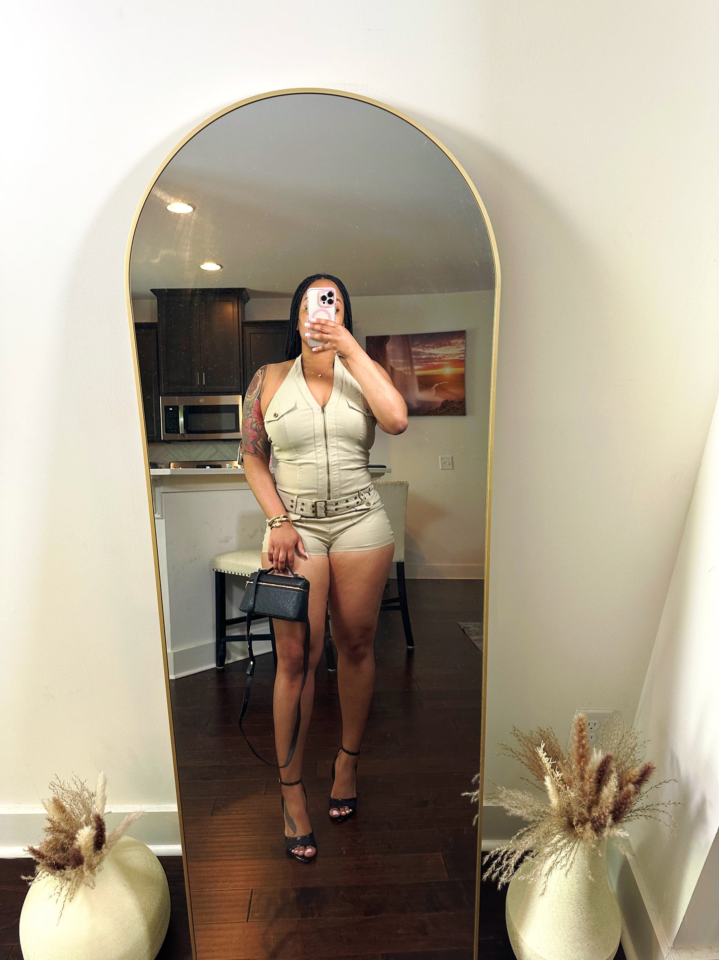 Beige Utility Belted Romper with Cargo Pockets