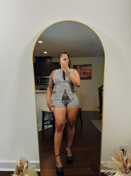 Bossed Up Button-Down Vest & Shorts Set – Plaid Print Two Piece