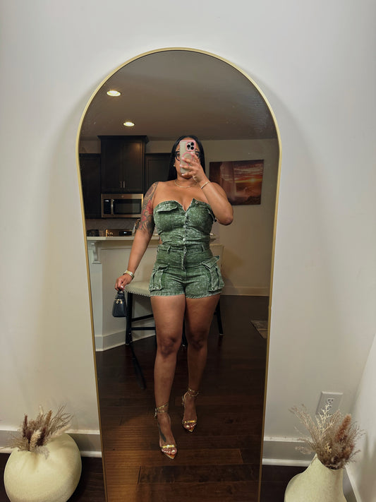 Edgy Acid Washed Green Strapless Cargo Romper